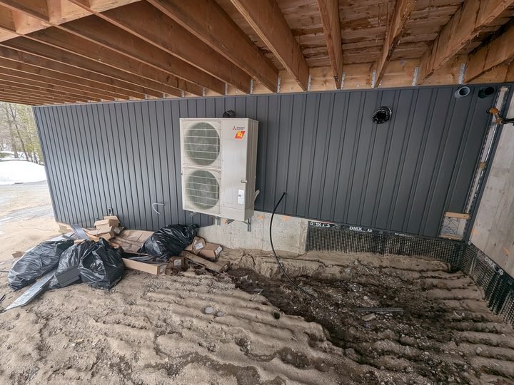 Outdoor heating and cooling equipment beside a building